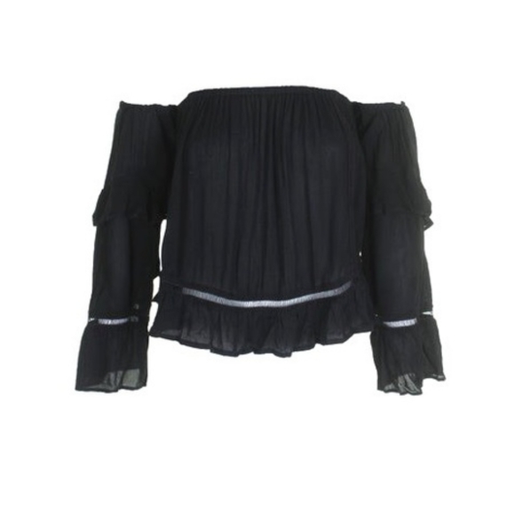 Black Off the Sholder Long Sleeve Pheasant Top - Picture 9 of 9